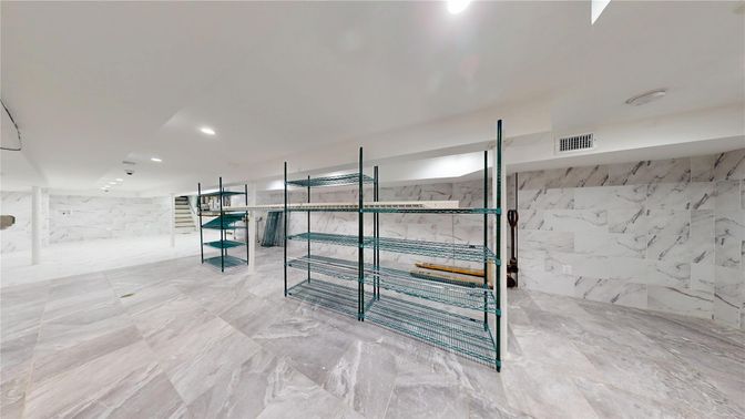 Bathroom, Glass Shower, Interior, Marble, Marble Walls, Recessed Lighting