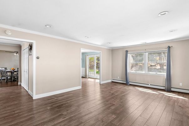 Dining room, Empty room, Interior, Recessed Lighting, Wood Texture Flooring
