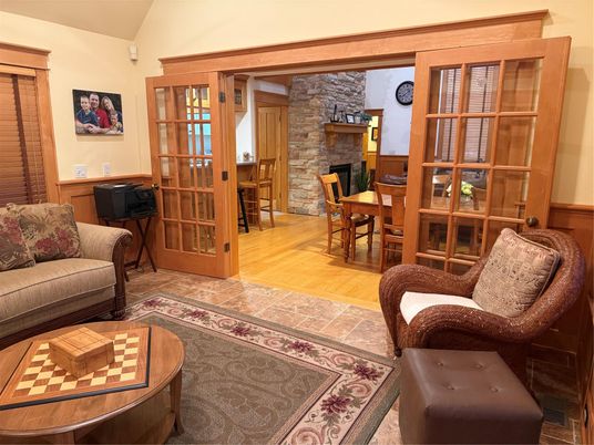Dining room, Fireplace, Interior, Living room, Stone Walls, Wood Texture Flooring