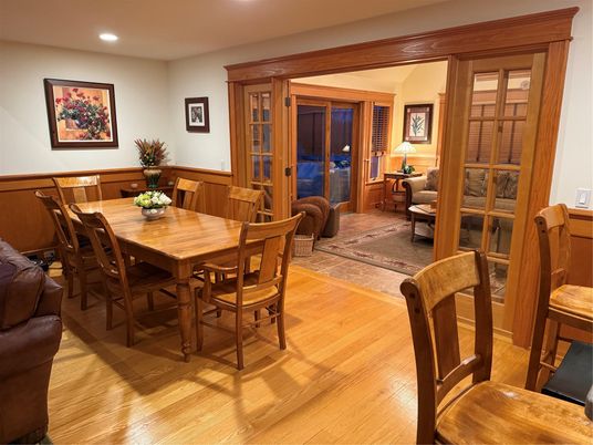 Dining room, Interior, Recessed Lighting, Wood Texture Flooring