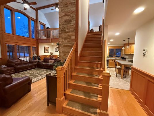 Dining room, Interior, Kitchen, Living room, Recessed Lighting, Stone Walls, Wood Texture Flooring