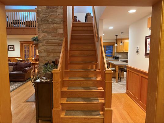Interior, Kitchen, Pendant Lights, Recessed Lighting, Stone Walls, Wood Texture Flooring