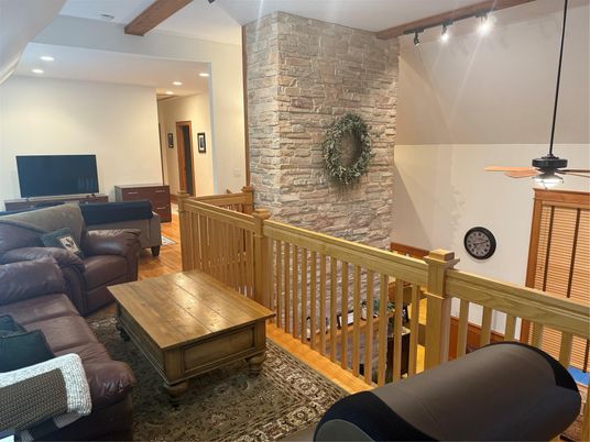 Interior, Living room, Recessed Lighting, Stone Walls, Wooden Beams