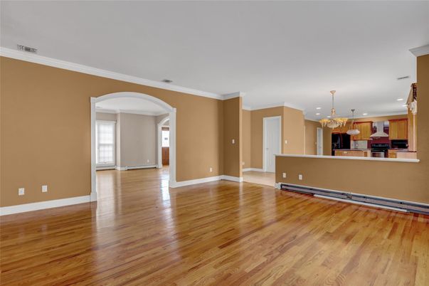 Chandelier, Empty room, Interior, Kitchen, Recessed Lighting, Wood Texture Flooring