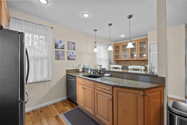 Interior, Kitchen, Pendant Lights, Recessed Lighting, Wood Texture Flooring