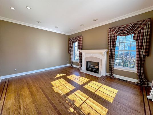Empty room, Fireplace, Interior, Recessed Lighting, Wood Texture Flooring
