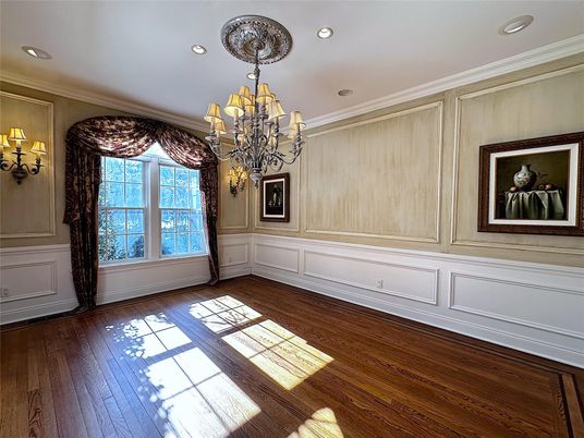 Chandelier, Empty room, Interior, Recessed Lighting, Wood Texture Flooring