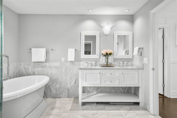 Bathroom, Dual Sink Vanities, Free Standing Baths, Interior, Marble, Marble Walls, Recessed Lighting