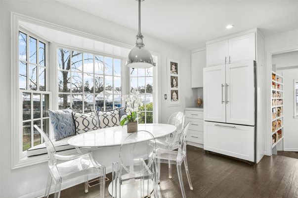 Dining room, Interior, Pendant Lights, Recessed Lighting, Wood Texture Flooring