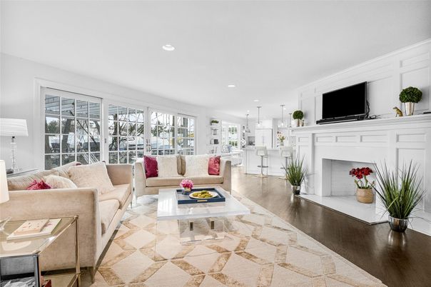 Fireplace, Interior, Kitchen, Living room, Pendant Lights, Recessed Lighting, Wood Texture Flooring