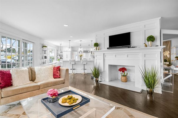 Fireplace, Interior, Kitchen, Living room, Pendant Lights, Recessed Lighting, Wood Texture Flooring