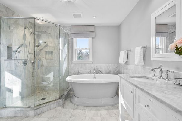 Bathroom, Dual Sink Vanities, Free Standing Baths, Glass Shower, Interior, Marble, Marble Walls, Recessed Lighting