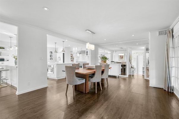Dining room, Interior, Kitchen, Pendant Lights, Recessed Lighting, Wood Texture Flooring