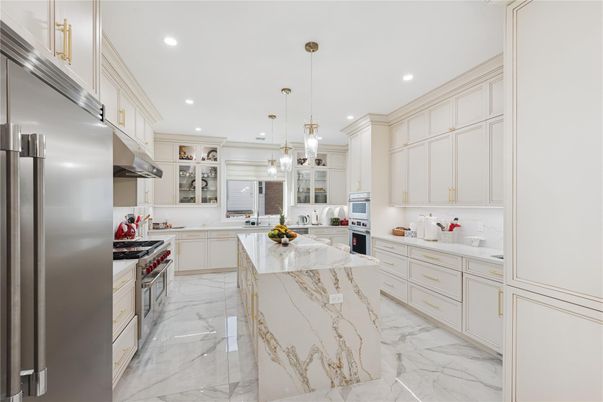 Interior, Kitchen, Marble, Pendant Lights, Recessed Lighting, Stainless Steel Appliances