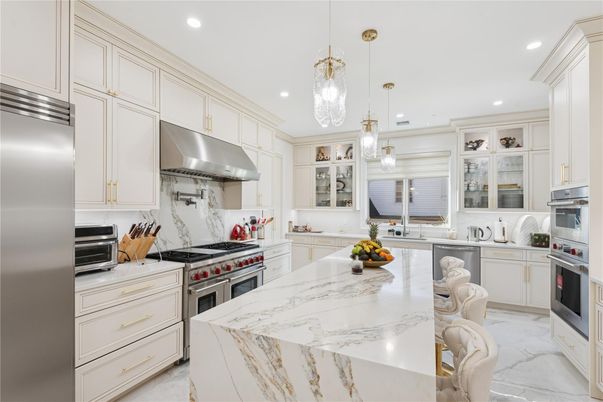 Interior, Kitchen, Marble, Pendant Lights, Recessed Lighting, Stainless Steel Appliances