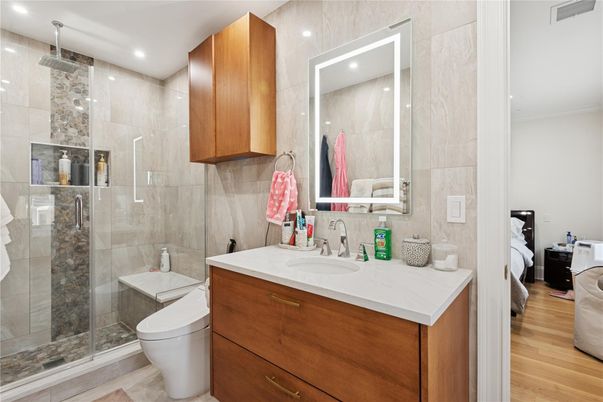 Bathroom, Glass Shower, Interior, Recessed Lighting, Wood Texture Flooring