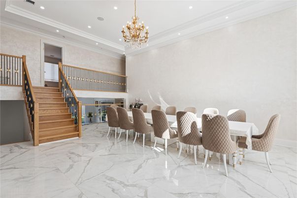Chandelier, Dining room, Interior, Marble, Recessed Lighting