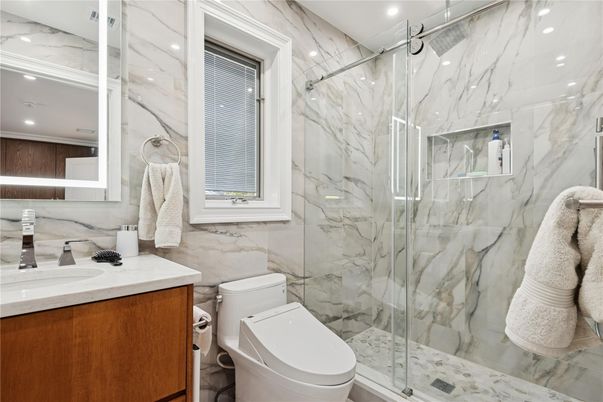 Bathroom, Glass Shower, Interior, Marble Walls, Recessed Lighting