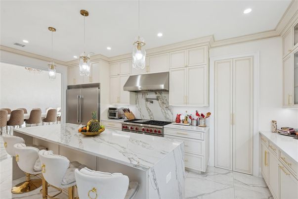 Interior, Kitchen, Marble, Pendant Lights, Recessed Lighting, Stainless Steel Appliances