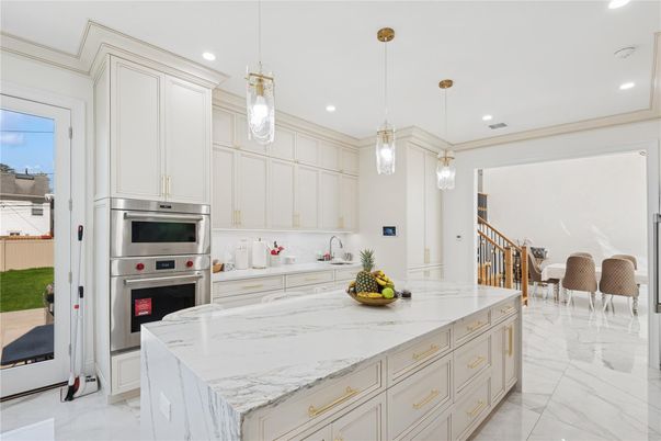 Interior, Kitchen, Marble, Pendant Lights, Recessed Lighting, Stainless Steel Appliances