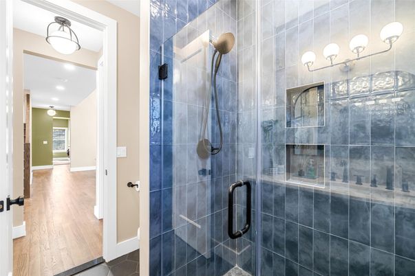 Bathroom, Glass Shower, Interior, Recessed Lighting, Wood Texture Flooring