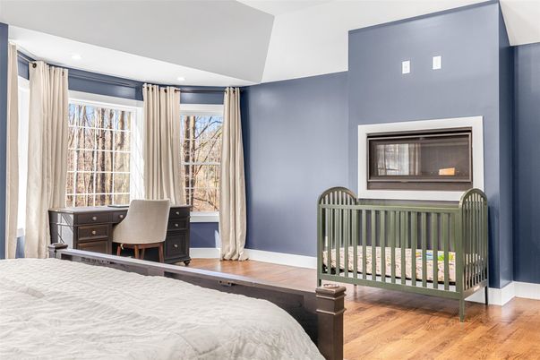 Bedroom, Fireplace, Home Office, Interior, Recessed Lighting, Wood Texture Flooring