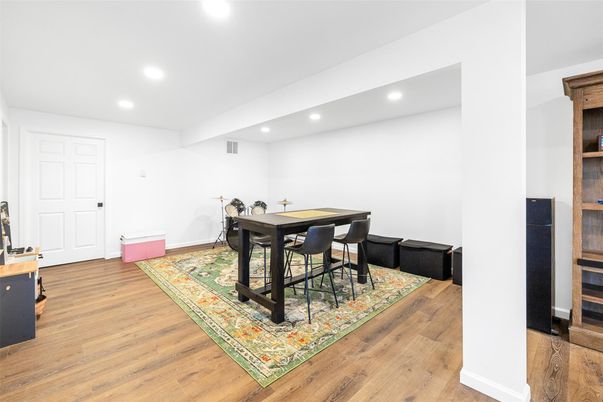 Dining room, Interior, Recessed Lighting, Wood Texture Flooring