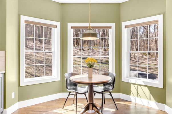 Dining room, Interior, Pendant Lights, Wood Texture Flooring