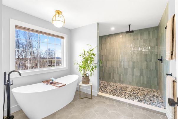 Bathroom, Free Standing Baths, Glass Shower, Interior, Recessed Lighting