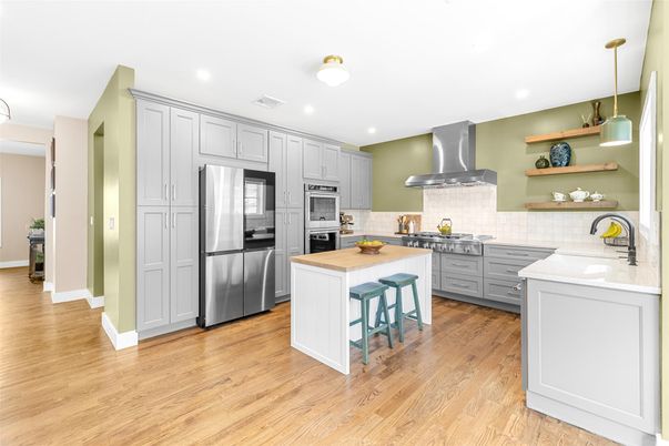 Interior, Kitchen, Pendant Lights, Recessed Lighting, Stainless Steel Appliances, Wood Texture Flooring
