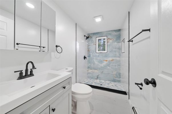 Bathroom, Glass Shower, Interior, Marble, Marble Walls, Recessed Lighting