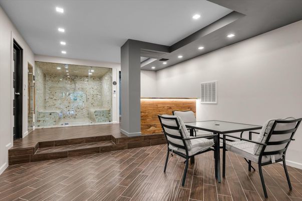 Dining room, Interior, Recessed Lighting, Wood Texture Flooring