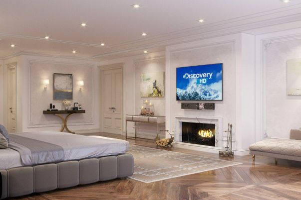 Bedroom, Fireplace, Interior, Recessed Lighting, Wood Texture Flooring