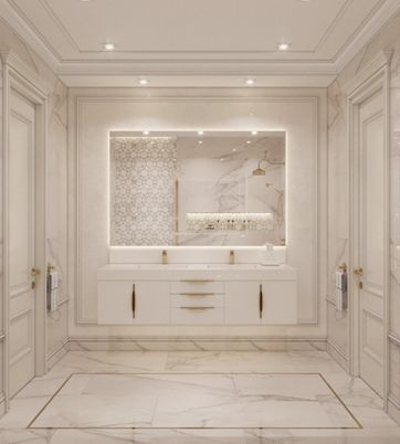 Bathroom, Dual Sink Vanities, Interior, Marble, Marble Walls, Recessed Lighting
