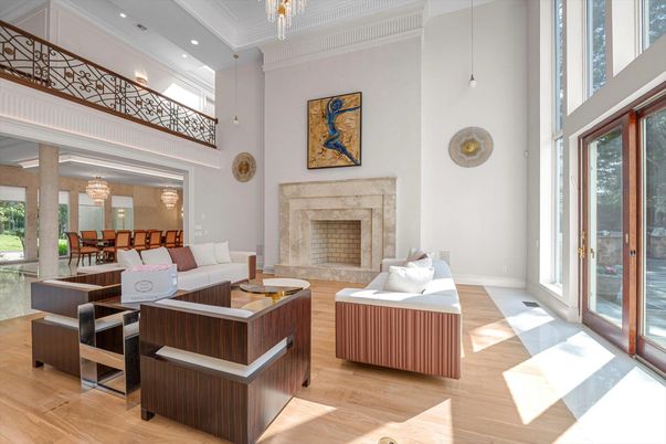 Chandelier, Dining room, Fireplace, Interior, Living room, Recessed Lighting, Wood Texture Flooring