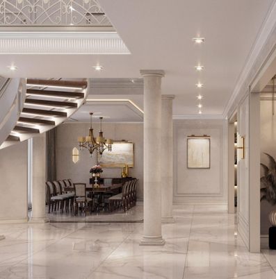 Chandelier, Dining room, Interior, Marble, Recessed Lighting