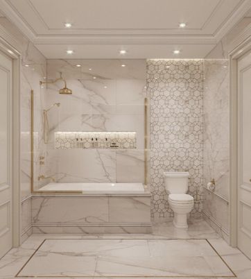 Bathroom, Glass Shower, Interior, Marble, Marble Walls, Recessed Lighting