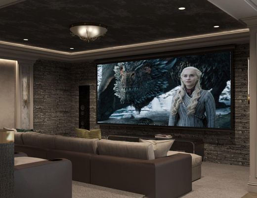 Interior, Projection Screen, Recessed Lighting, Stone Walls, Theatre Room