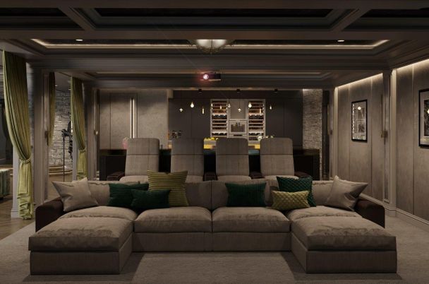 Interior, Living room, Pendant Lights, Recessed Lighting, Stone Walls