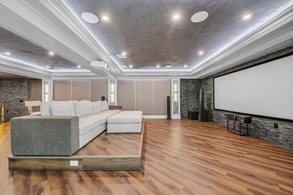 Interior, Projection Screen, Recessed Lighting, Theatre Room, Wood Texture Flooring