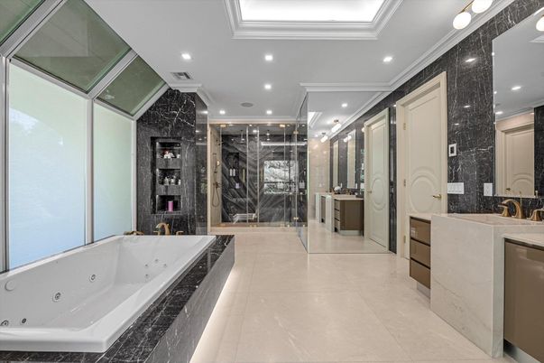 Bathroom, Glass Shower, Interior, Marble, Marble Walls, Recessed Lighting