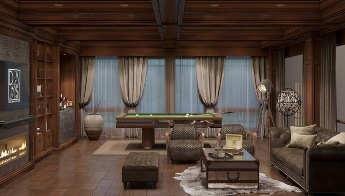 Billiard Table, Fireplace, Game Room, Interior, Living room, Recessed Lighting, Wooden Beams, Wooden Ceilings, Wood Texture Flooring, Wooden Walls