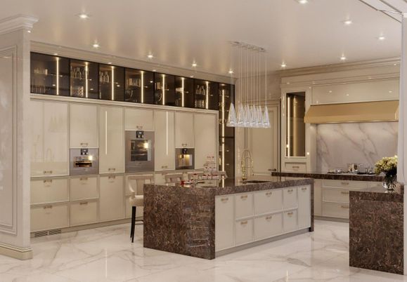 Interior, Kitchen, Marble, Marble Walls, Pendant Lights, Recessed Lighting, Stainless Steel Appliances