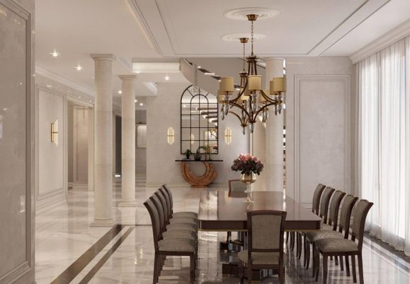 Chandelier, Dining room, Interior, Marble