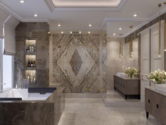 Bathroom, Glass Shower, Interior, Marble, Marble Walls, Recessed Lighting