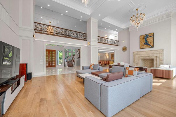 Chandelier, Fireplace, Interior, Living room, Recessed Lighting, Wood Texture Flooring