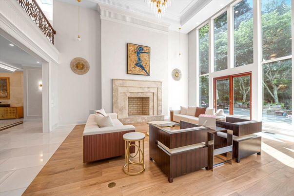 Fireplace, Interior, Living room, Pendant Lights, Wood Texture Flooring