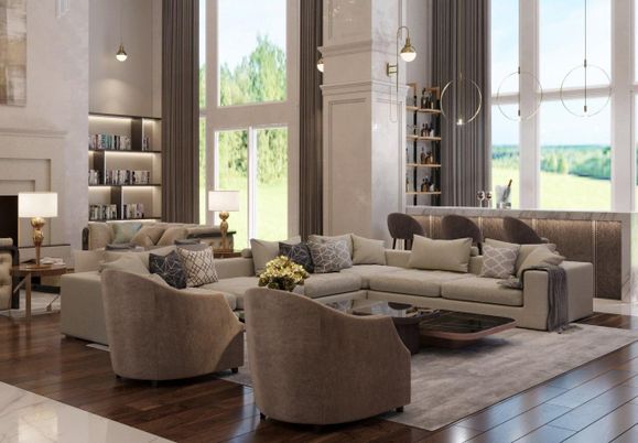 Interior, Living room, Pendant Lights, Wood Texture Flooring