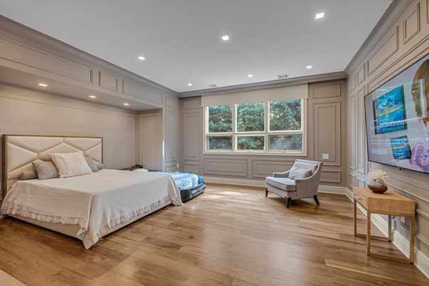 Bedroom, Interior, Recessed Lighting, Wood Texture Flooring