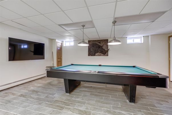 Billiard Table, Game Room, Interior, Pendant Lights, Wood Texture Flooring
